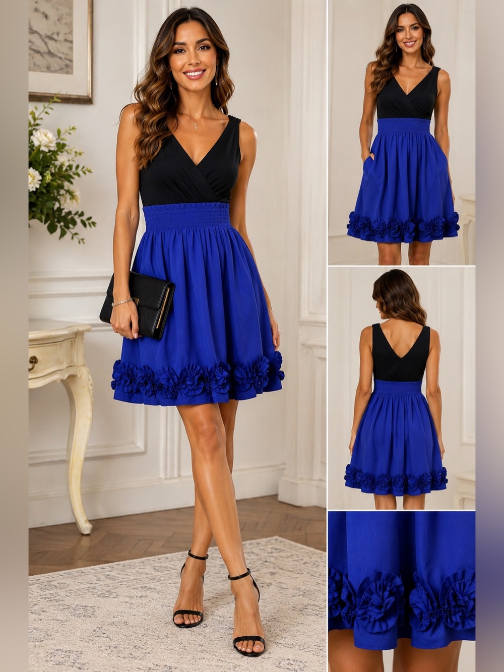 Black & Royal Blue V-Neck Floral Hem Mini Dress